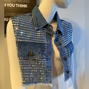 Twelve by Twelve Studded Cropped Denim Vest – Rhinestone Grid – Size M